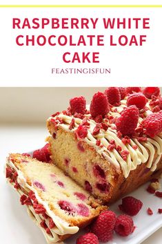 raspberry white chocolate loaf cake on a plate