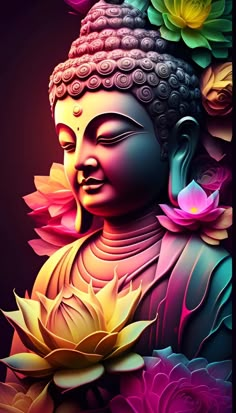 the buddha statue is surrounded by flowers and leaves on a black background with red, yellow, pink, green, blue, purple colors