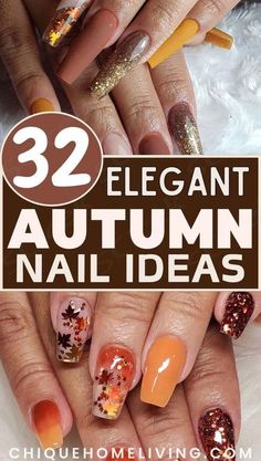 Sparkly Fall Nail Designs, Fancy Fall Nail Designs, Transition Nails Summer To Fall, Fall Gel Nails Designs Autumn, 2024 Fall Nail Trends, Fall Gel Nails Designs, Elegant Fall Nail Designs, Fall Nails With Leaves, Elegant Fall Nails