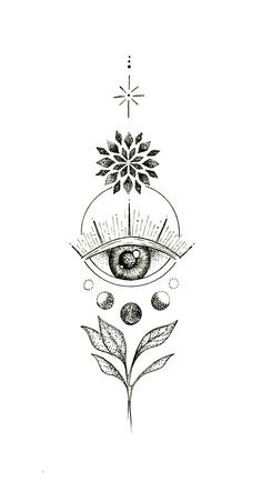 an all seeing eye surrounded by leaves and flowers