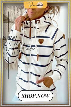 Pocket Striped Turtleneck Drawstring Coat Drawstring Coat, White Top Women, Moda Chic, Vintage T Shirts, Winter Mode, Striped Turtleneck, Striped Hoodie, Zipper Hoodie, Casual Hoodie