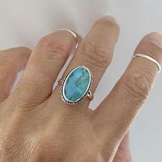 Sterling Silver Oval Genuine Turquoise Ring with Braid, Silver Ring, Statement Ring, Boho Ring Squash Blossom Jewelry, Turquoise Stone Jewelry, Turquoise Statement Ring, Turquoise Gold Ring