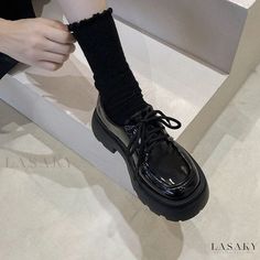 Lasaky - Luxurious Leather Black Low Heel Shoes with Belt and Laces Spring Loafers, Style Loafers, Black Heels Low, Black Platform Heels, Womens Mary Janes, Estilo Preppy, Low Heel Shoes, Black Leather Shoes, Fashion High Heels