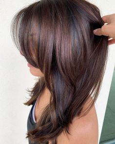 Long Haircuts With Volume On Top, Choppy Layers With Side Bangs, Dana Delaney Hair, Haircuts Frame Face, Middle Part Curtain Bangs Medium Hair, Long Layered Haircut With Face Framing Layers, Hair Flipped To One Side, Light Brown Highlights On Dark Hair With Curtain Bangs, Angel Layers Hair