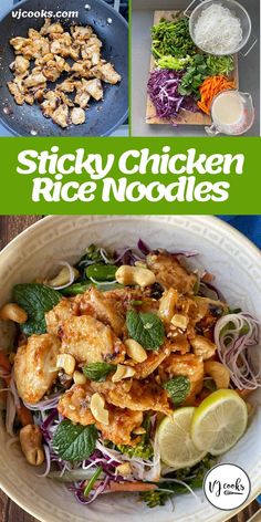 chicken rice noodle recipe in a bowl with chopsticks and lime wedges