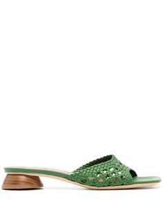 grass green calf leather crochet square open toe slip-on style 35mm sculpted heel branded leather insole leather sole Leather Crochet, Raffia Sandals, Chanel 2, Crochet Square, Iconic Bags, Grass Green, Summer Beach Wear, Flat Boots, Ballet Flat Shoes