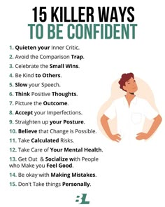 a man with his hands on his hips and the words, 15 killer ways to be confident