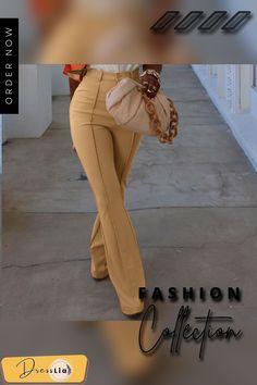 Summer Solid Color Elegant Flared Wide Legs Pants High Waist Ol Ladies Long Trousers Slim Pants Trendy Solid Color Trousers, Summer Office Pants Solid Color, Summer Office Pants In Solid Color, Trendy Non-stretch Dress Trousers, Trendy Solid Pants For Office, Fitted Yellow Bottoms Solid Color, Solid Color Summer Office Pants, Fitted Yellow Bottoms, Fitted Yellow Solid Color Bottoms