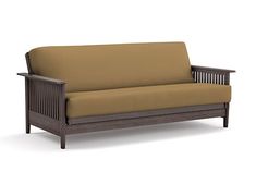 a wooden futon with a tan cover on it's back and armrests