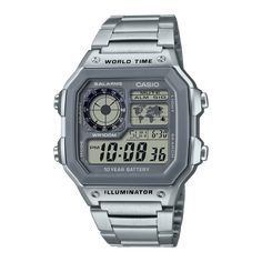 AE1200WHD7AV | Illuminator All Silver Digital Watch | CASIO Casio Silver Watch, Ae 1200 Casio, Casio Aq 800, Time Alarm, Casio Gm2100, Casio A158wa-1, Basketball Moves, Daylight Savings, Elapsed Time