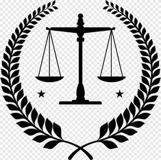 the scales of justice symbol in black and white, with laurels around it png