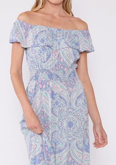 A need-now summer maxi dress, just in time for wedding season! This ultra-dreamy pastel purple maxi dress is designed in a vintage inspired paisley print. Featuring a flowy ruffle-trimmed tiered skirt, on or off-shoulder neckline, flattering ruffle sleeves and a wait accentuating smocked detail. Paisley print Relaxed fit Elastic on or off-shoulder neckline Overlay top Smocked waist Maxi length Ruffle-trimmed skirt Women's flowy bohemian maxi dress Glide into summer in our newest summer silhouette! The soft, flowy fabric offers freedom of movement and a breezy fit, which the convertible on/off-shoulder neckline offers two ways to wear. Whether you're headed to a special summer occasion, a wedding guest, or just headed to the farmer's market, this paisley print boho maxi will have everyone a Flowy Paisley Print Maxi Dress, Flowy Maxi Dress With Paisley Print, Lavender Maxi Dress For Garden Party, Flowy Lavender Maxi Dress For Garden Party, Spring Paisley Print Maxi Dress, Flowy Lavender Maxi Dress With Floral Print, Lavender Maxi Dress For Summer, Feminine Flowy Lavender Maxi Dress, Purple Maxi Dress With Boho Print