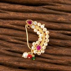 Gold Rodium Polish Red and Maroon color Nose Ring in Brass studded with Austrian diamond, Pearl Red Metal Rings For Wedding, Red Jeweled Jewelry For Anniversary, Maroon Color, Pearl Color, Brass Metal, Nose Ring, Brass, Ring, Stone