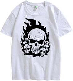 100% Cotton Imported Machine Wash MATERIAL: The fashionable women's summer flame T-shirt is made of cotton material, which is soft, skin-friendly, and comfortable. We suggest customer order 1~2 sizes up for a loose fit. FEATURES: Classic crewneck, short sleeves, unique skeleton print and flame graphic, relaxed fit tunic tee, basic fit, Y2k aesthetic tee is the perfect holiday gift. MATCH: Unisex Skull Tee Pair it with denim shorts, track pants, loafers, sneakers, a hat, a headband, or a bandana White Skull Shaped Grunge T-shirt, White Skull Print Alternative T-shirt, Cotton Grunge T-shirt With Skull Print, Skull Print Streetwear T-shirt, White Skull Print Short Sleeve T-shirt, Skull Tee, Fitted Tunic, Skeleton Print, Basic Fits