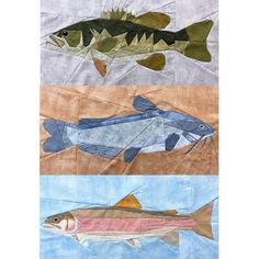 three fish are depicted in different colors and patterns on the same piece of cloths