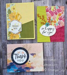 four cards with thank you written on them, one has flowers and the other has words