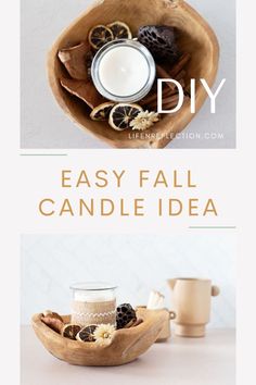 diy easy fall candle idea with cinnamons and orange slices in a wooden bowl