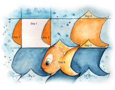 a drawing of a goldfish with instructions for how to draw it in watercolor