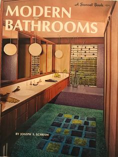 the cover of modern bathrooms by john s schwan, with an image of a bathroom