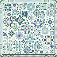 a cross stitch pattern with blue, green and yellow flowers on white fabric that is in the shape of a square