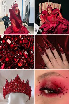 red and pink makeup is featured in this collage with the image of a woman wearing a tiara