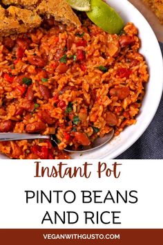 instant pot pinto beans and rice in a white bowl with limes on the side