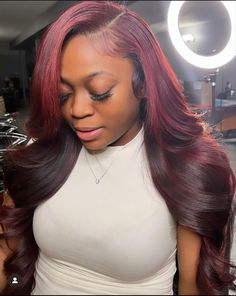 Red Hair Sew In, Side Part Quick Weave, Birthday Hairstyle, Colored Hairstyles, Tapered Hair, Tapered Haircut, Goddess Braids Hairstyles, Long Curly Wig