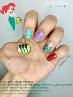 Little Mermaid Nails Designs, Ariel Nails Disney, Little Mermaid Nail Art, Candied Lavender, June Nails Ideas, Disney Themed Nails, White Summer Nails