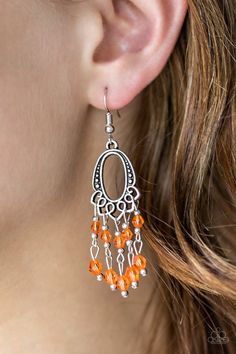 Glassy orange beads cascade from the bottom of an ornate silver frame, creating a whimsical chandelier. Earring attaches to a standard fishhook fitting. Sold as one pair of earrings. Whimsical Chandelier, Paparazzi Earrings, Gold Bar Earrings Studs, Paparazzi Accessories Jewelry, Fish In The Sea, Blue Crystal Earrings, Gold Bar Earrings, Ear Jacket Earring, Orange Earrings