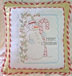 Vintage Candy Cane Snowman Pillow Hand Embroidery Patterns Vintage, Vintage Candy Cane, Crabapple Hill, Snowman Embroidery, Crewel Embroidery Patterns, Crewel Embroidery Kits, Redwork Embroidery, Dmc Embroidery Floss, Snowmen Patterns