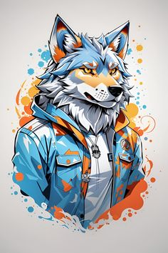 a drawing of a wolf wearing a blue jacket with orange and white splats