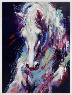 a painting of a white horse on a black background