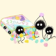 three little black monsters standing in front of a candy tin with flowers on the bottom