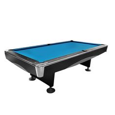 a blue pool table with black legs and an aluminum frame on the bottom, in front of a white background