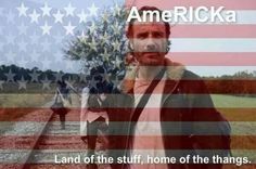 a man standing in front of an american flag with the words, america land of the stuff, home of the things