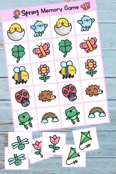 the spring memory game for kids with flowers and birds on it, next to some stickers