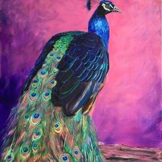 a painting of a peacock on a purple background