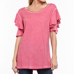 Aratta Kelsey T-Shirt The Kelsey adds a feminine touch to the classic t-shirt with a ruffle sleeve.        Scoop neck     Ruffle sleeve     51% Cotton & 49% rayon     Machine wash with warm water and like colors, line dry     Imported Pink Flutter Sleeve Casual Top, Cotton T-shirt With Ruffles And Flutter Sleeves, Cotton Ruffle T-shirt With Flutter Sleeves, Stretch Casual T-shirt With Ruffle Sleeves, Pink Ruffle Sleeve Tops For Summer, Pink Ruffle Top With Flutter Sleeves, Cotton Short Sleeve Top With Ruffle Sleeves, Summer T-shirt With Ruffle Sleeves And Relaxed Fit, Pink Stretch Top With Ruffle Sleeves