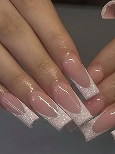 Square Acrylic Nails Glitter Tips, Cute Square Tip Nails, Nails Acrylic Coffin Simple Design, Prom Nails Pink And White, Pink Quince Nails Short Simple, White And Silver Gel Nails, Clean Nail Designs Simple, 2024 Nail Inspo Square, White And Pink Acrylics