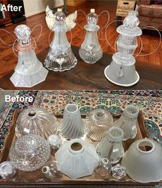 before and after pictures of glass vases on display in a living room with wood flooring