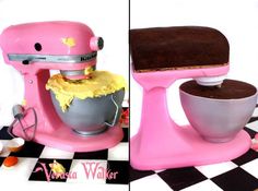 two pictures of a pink mixer and some food