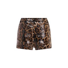 Leopard print mini shorts made of stretchy sequin fabric. It is lined. Style Tip: Wear it with Aurora shirt Dry Clean Only Glamorous Fitted Sequined Shorts, Stretch Sequin Shorts, Chic Sequined Shorts For Summer, Chic Fitted Sequin Shorts, High-waisted Sequin Shorts For Summer, Sequin High-waisted Shorts For Summer, Sequin Shorts For Night Out, Fitted High-waisted Sequin Shorts, Fitted Sequin Shorts For Night Out