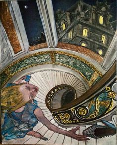 a painting of a woman sitting on top of a stair case