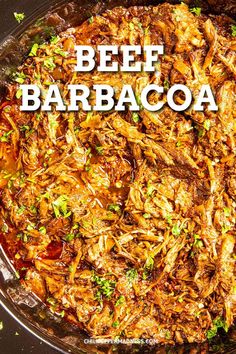 beef barbacoa in a skillet with text overlay