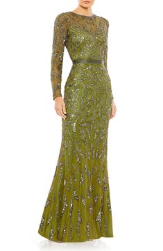 Mac Duggal Beaded Long Sleeve Gown | Nordstrom Mocha Dress, Designer Formal Dresses, Long Sleeve Evening Gowns, Sheath Gown, Trumpet Skirt, Unique Prom Dresses, Long Sleeve Gown, Beaded Neckline, Long Sleeve Sequin