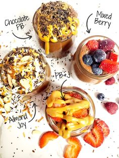 three jars filled with different types of desserts on top of a white countertop