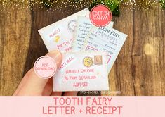 tooth fairy letter and receipt being held by someone's hand with christmas lights in the background