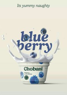 blueberry yogurt with the words blue berry on it and splashing milk