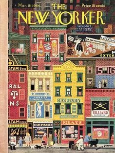 the new yorker magazine cover with people walking down the street in front of buildings