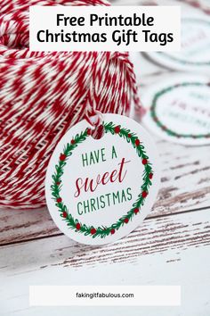 red and white twine spools are next to a tag that says have a sweet christmas